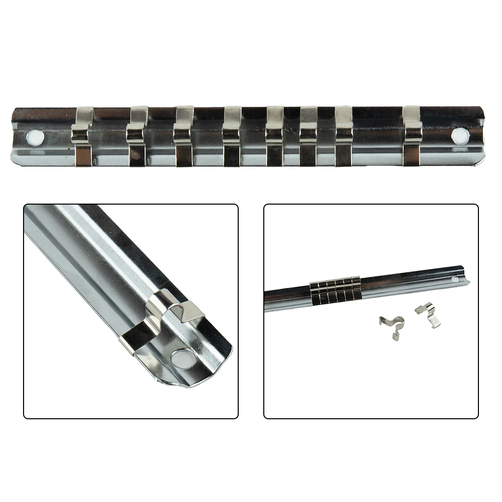 150/190/260mm Socket Rack Holder 1/4 3/8 1/2inch With 8 Clips On Rail Tool Organizer Wall-mounted Storage Rack