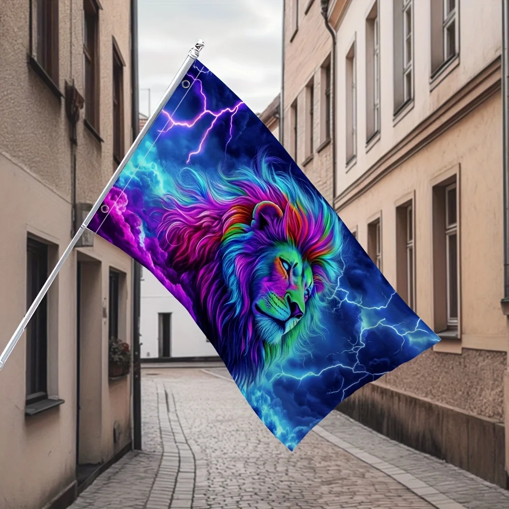 Neon Rainbow Lion Flag with Lightning Outdoor Garden Decor Banner Vibrant Animal Themed Yard Decoration