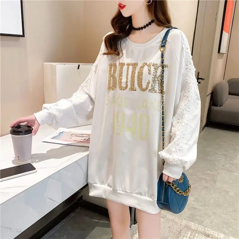 Plus Size Print Letter Hoodies Sweatshirts Spring Autumn Long Sleeve Loose Street Casual Pullovers Fashion Korean Women Clothing