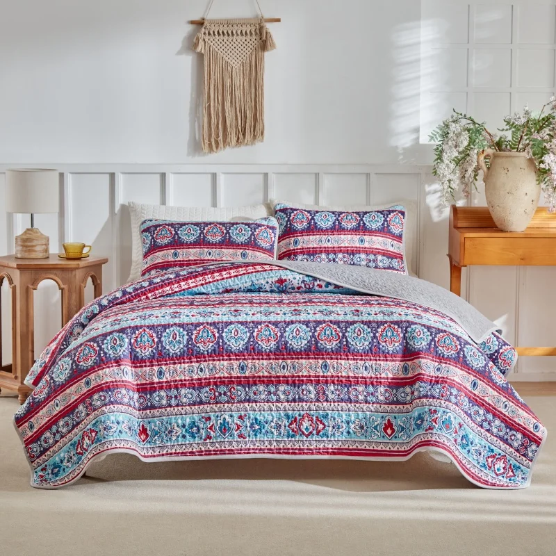 New Quilted Bedspread Set,Soft Microfiber Thick Bed Cover+Pillowcase European Geometric Patchwork Mattress Topper Bed Sheet King