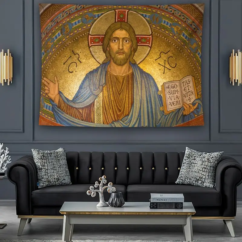 VIKAMA Byzantine Mosaic Jesus Tapestry Gold Religious Spiritual Icon Wall Hanging Christian Art Decor for Bedroom Living Prayer