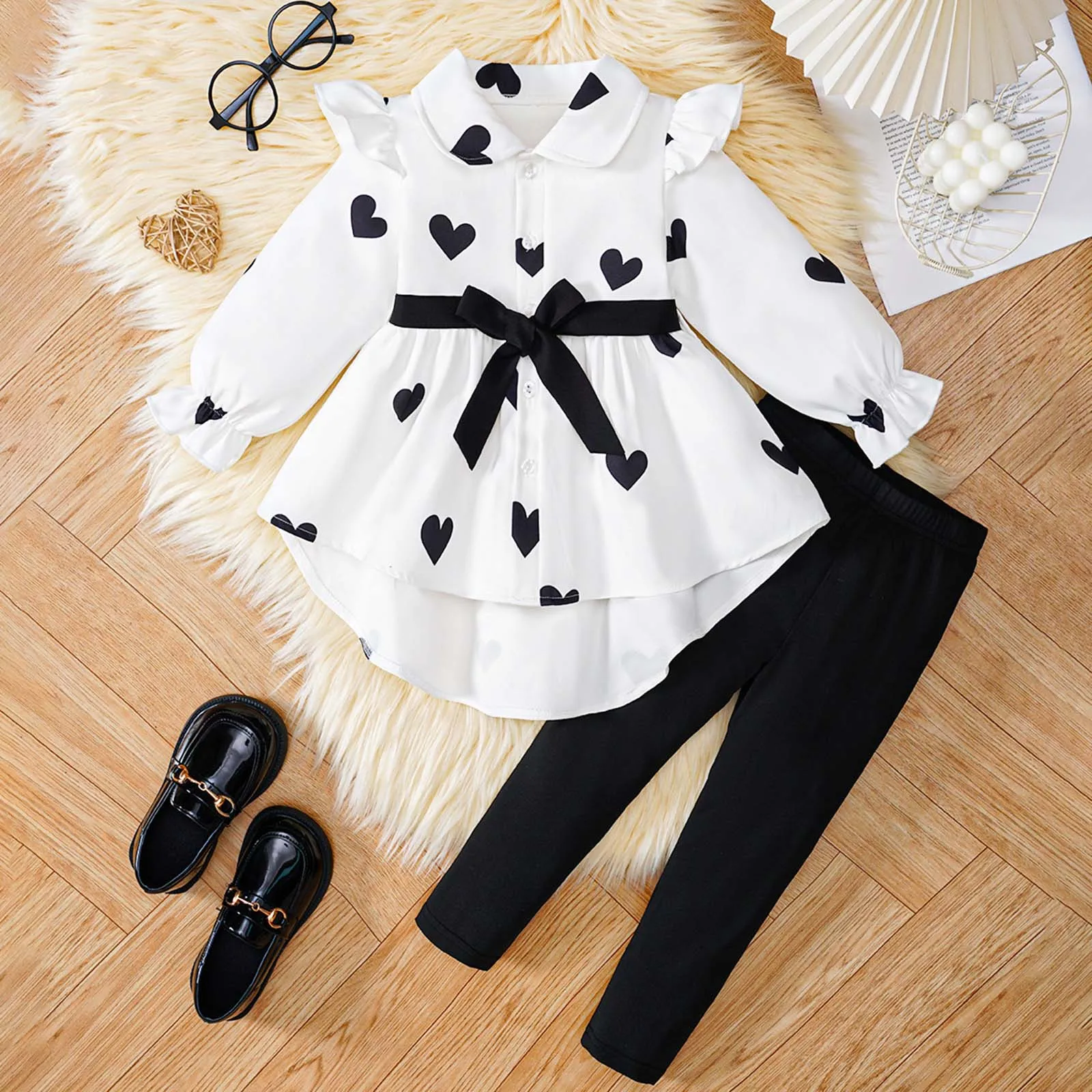 

Toddler Girl Outfit Set Spring Autumn Fashion Casual Heart Print Long Sleeve Shirt Top Solid Color Pants Stylish Children's Set