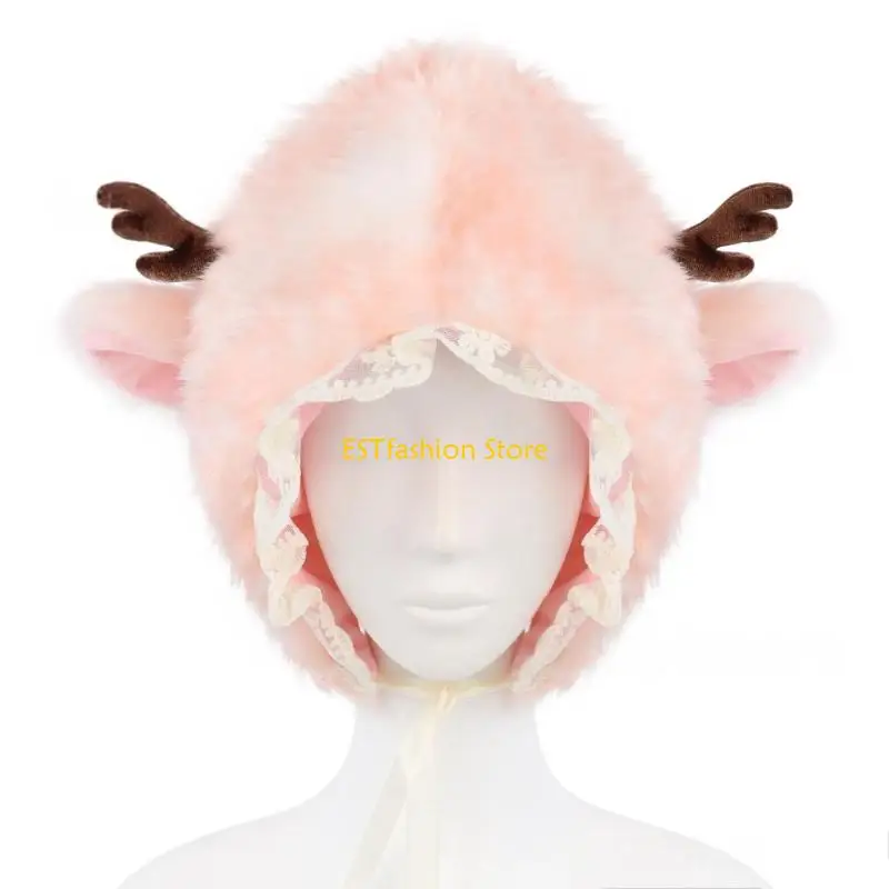 Y5GC Elk Spots Design Ear Flap Winter Hat Soft Acrylic Fibre Lace Trim Trapper Hat