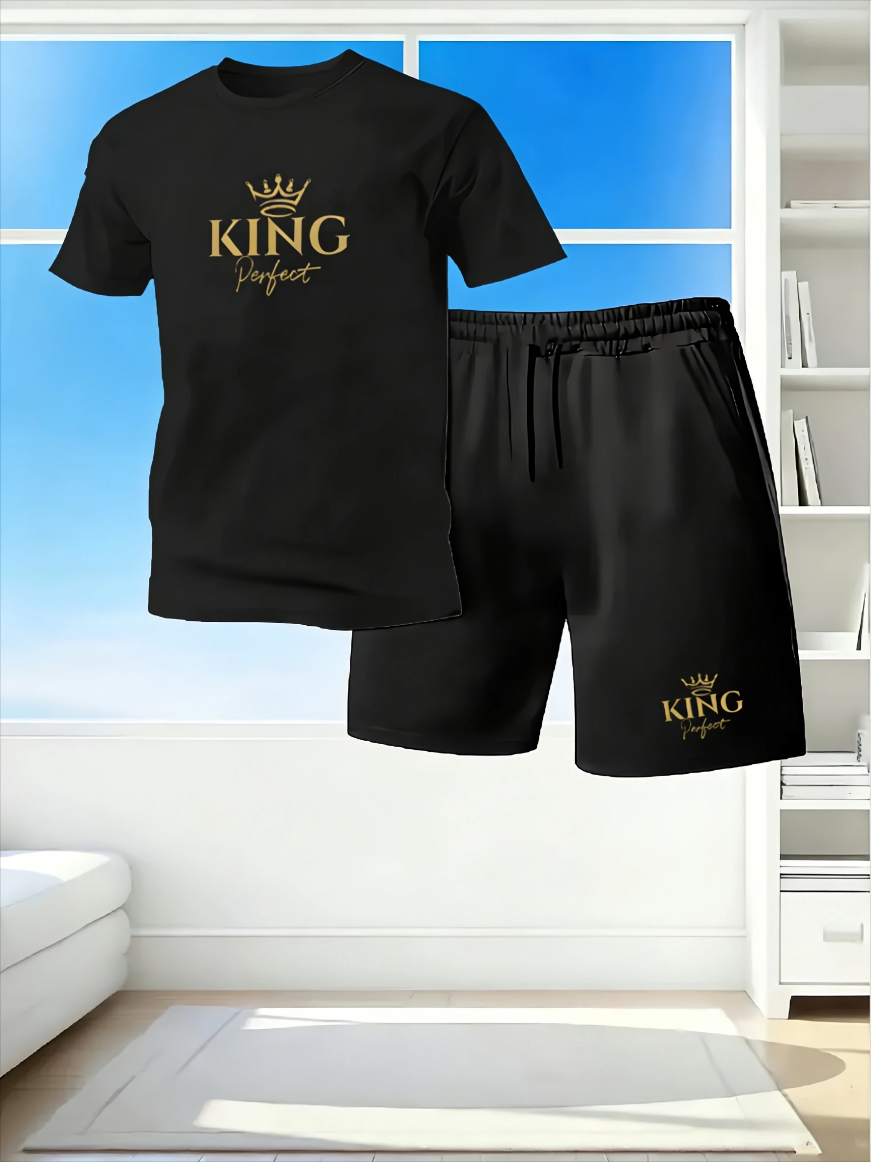 

2026 NEW Men's Luxury 2 Piece Set Golden Crown Letter Print T-Shirt + Black Shorts Casual Comfortable Outfit