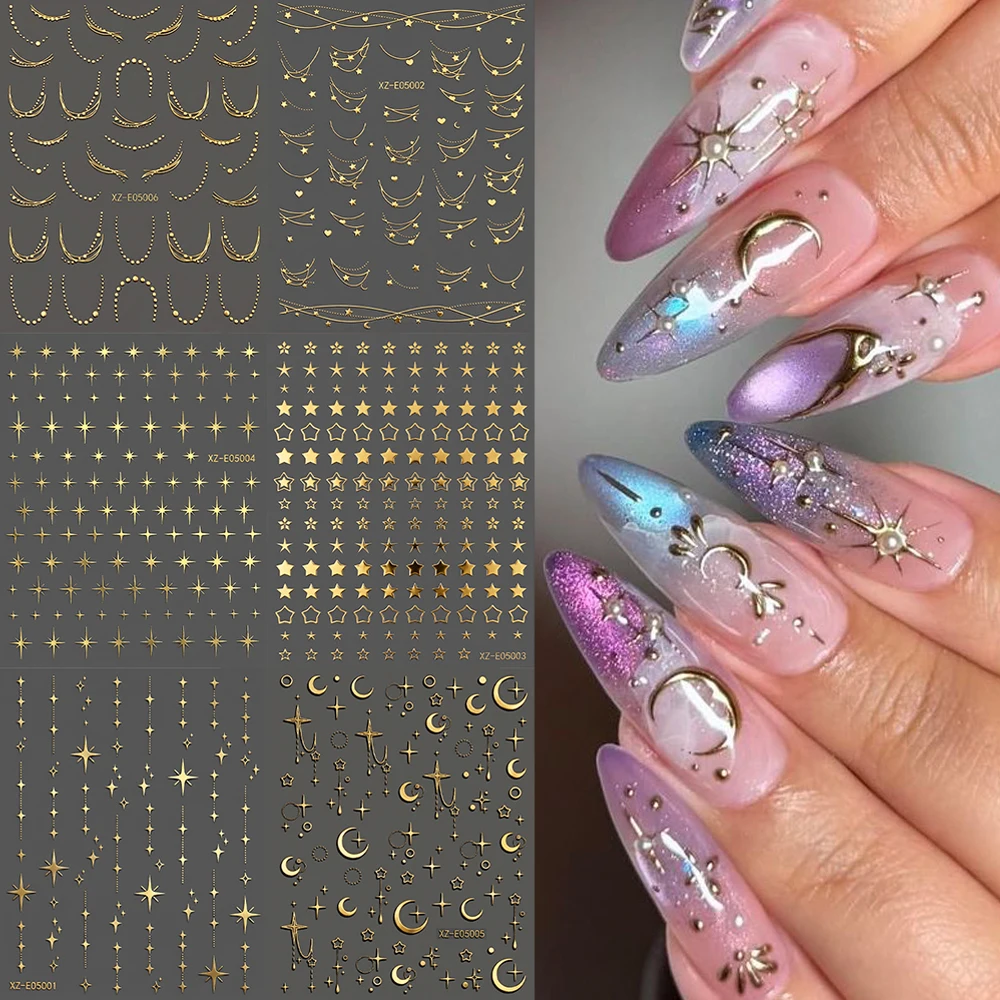 6 autocollants 3D dorés pour ongles, motifs lune et étoile, étoile à cinq branches, points ondulés, style français, breloques pour ongles, décalcomanies DIY pour la décoration des ongles