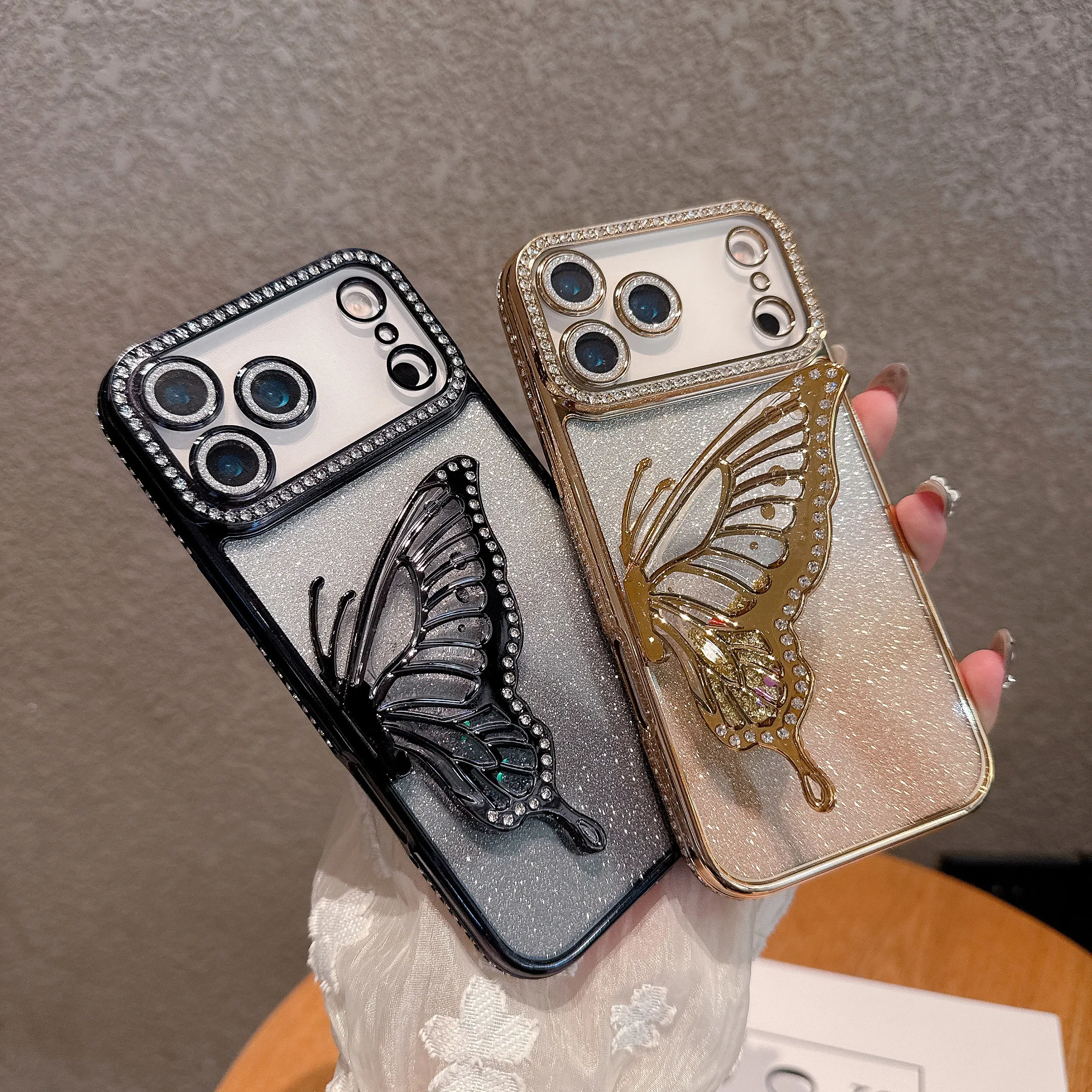 Handyhülle mit Diamant-Intarsien, Schmetterlings-Treibsand-Halterung, für iPhone 17 Pro Max, iPhone Air, galvanisierte Strass-Schutzhülle