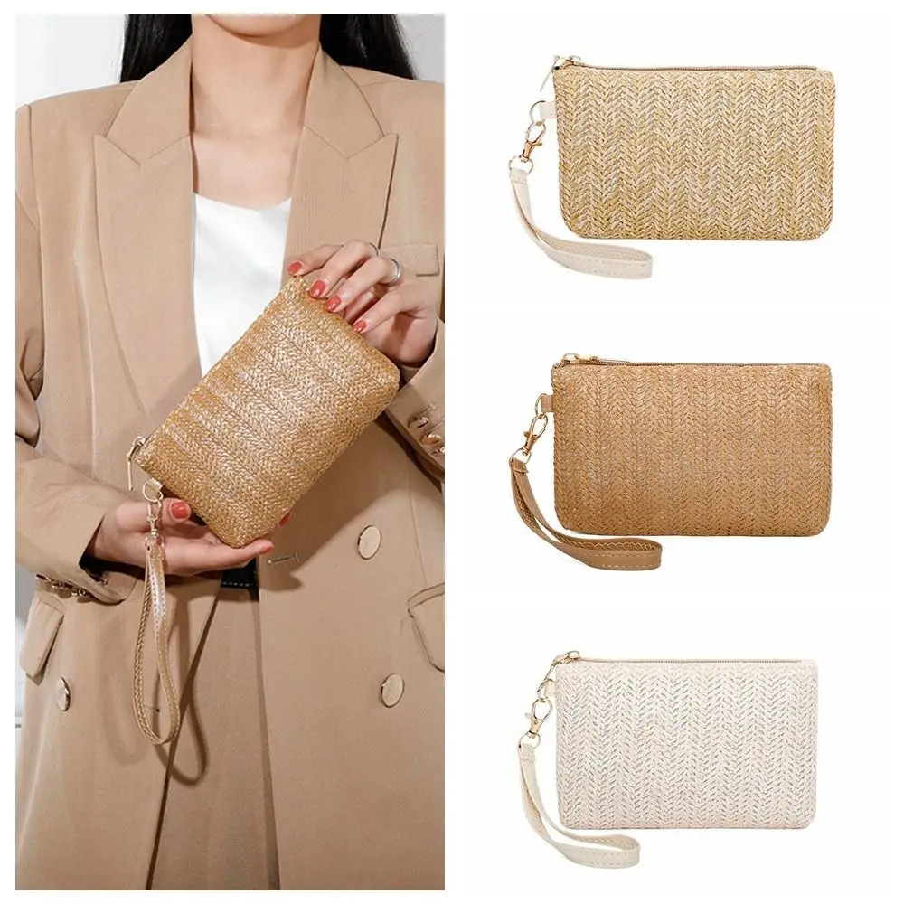 

Solid Color Straw Woven Coin Purse Hand Held Lightweight Small Lipstick Bag Earphone Case Wrist Bag Mini Storage Bag Travel