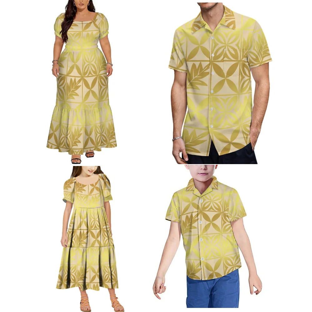 Conjunto Familiar Estilo Ilhas Polinésias de Verão: Vestido Dourado de Manga Curta Feminino e Camisa Masculina com Bolsos, Roupa Oversized Samoana