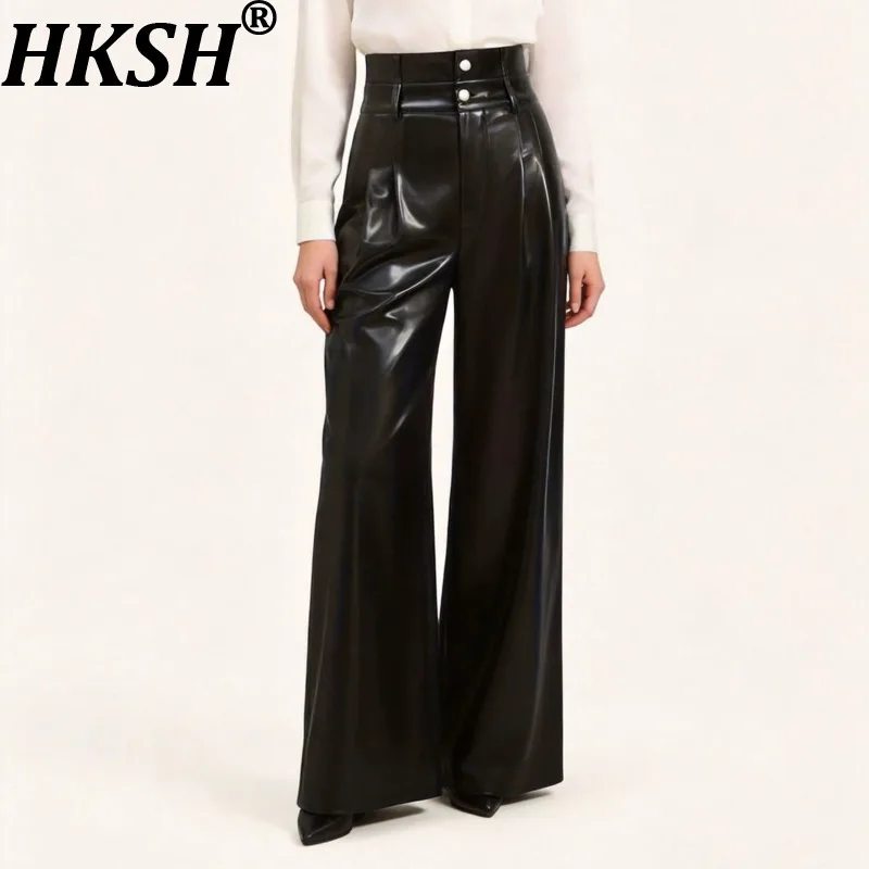 HKSH Women PU Leather Pants American Style Vintage High Street Solid Color Dark Punk Casual Wide Leg Bottoms Autumn New HK27385