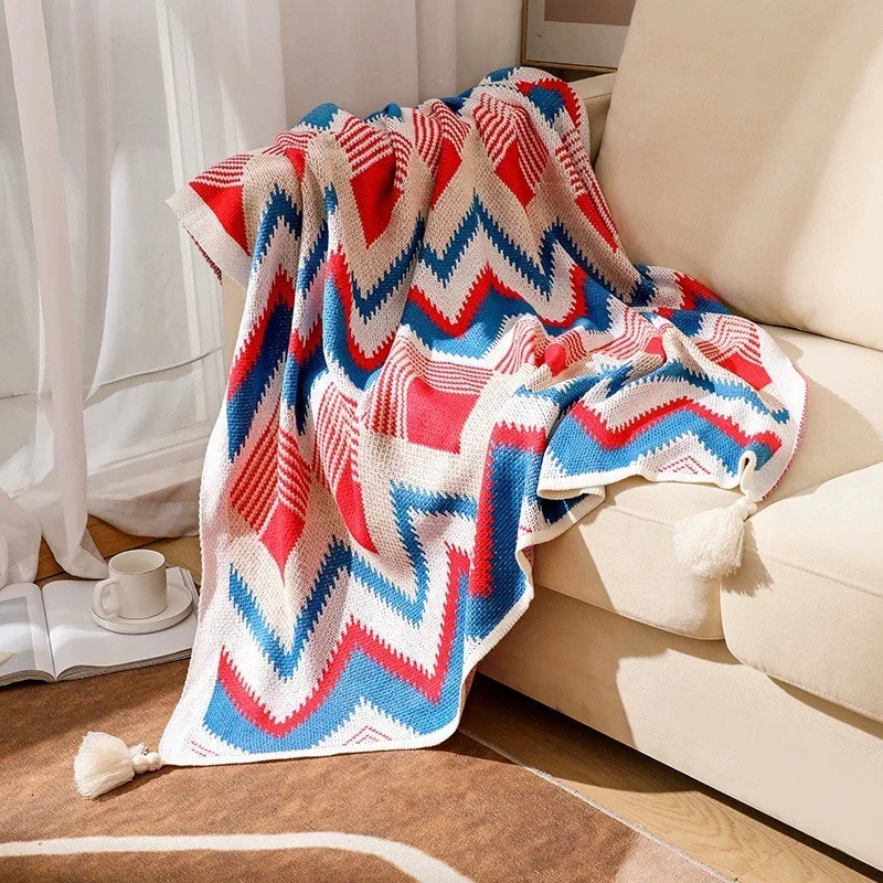 

Bohemian Knitted Double Layer Throw Blanket for Camping, Sofa & Nap - Ethnic Tribal Pattern Couch Cover