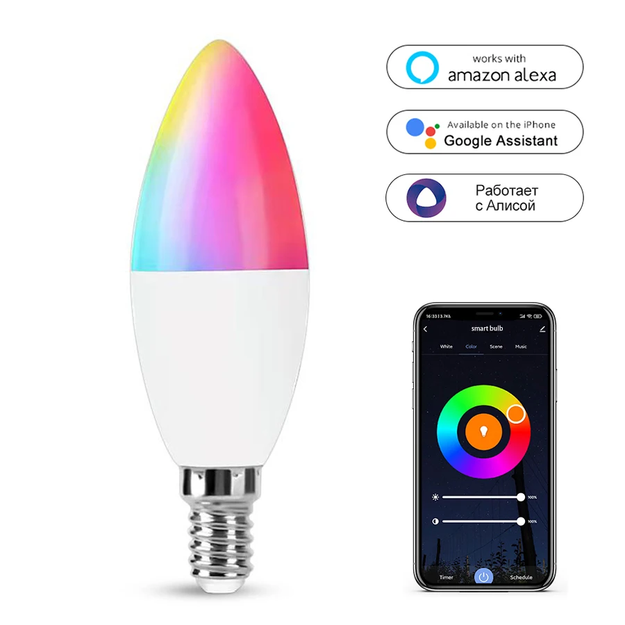 

Tuya WiFi Smart LED Bulb 220V 5W 7W 9W E14 Dimmable Candle Lamp Smart Life Voice Control Works with Alice Alexa Google Home
