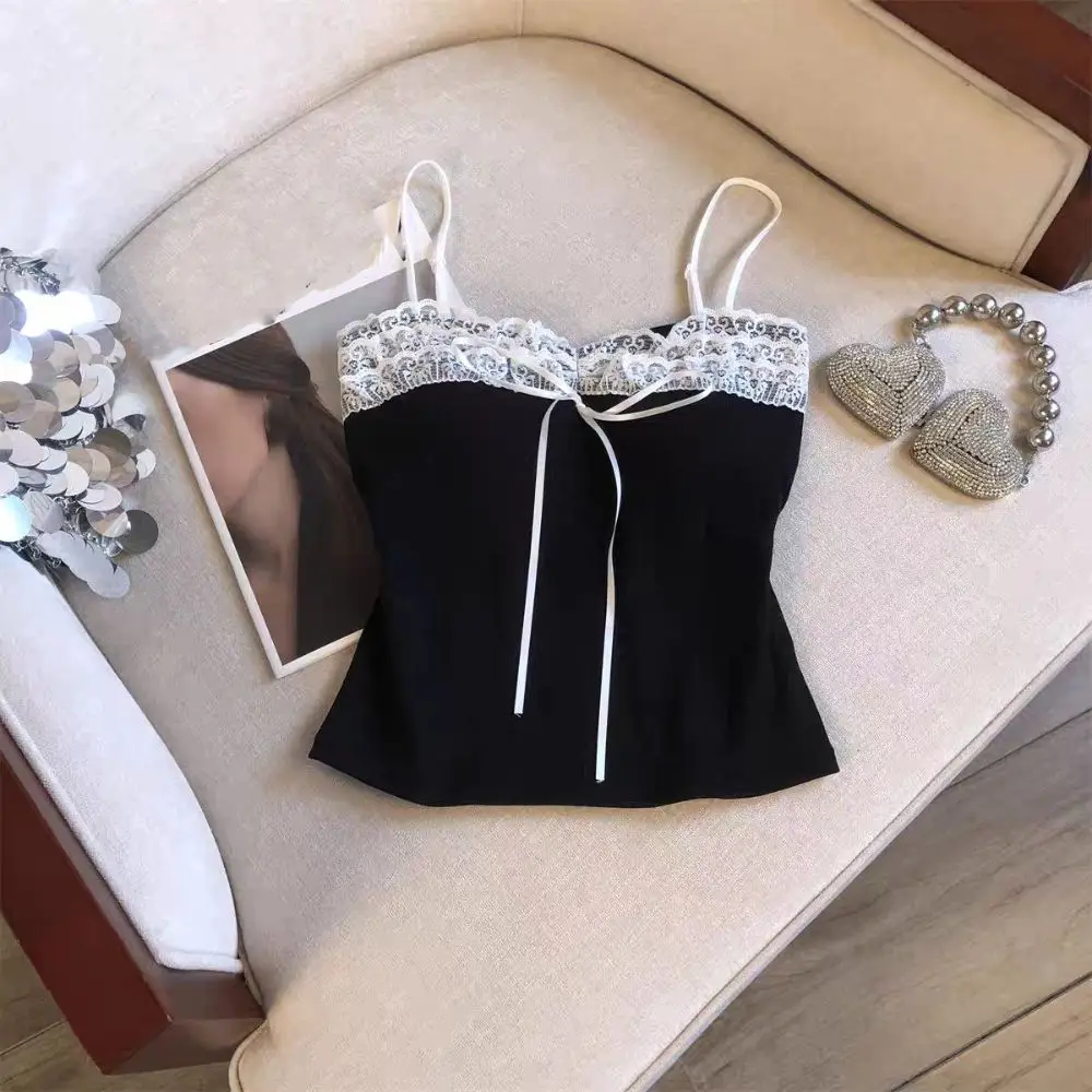 Modny Top Krótki z Kokardą, Koronką, Dopasowany, Słodki Top Pod Sukienkę, Dziewczęca Koszulka na Ramiączkach, Letni Top w Stylu Spice Girls z Wkładkami, Damski