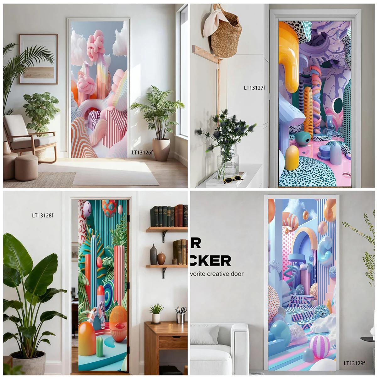 Waterproof Self-Adhesive Door Wallpaper Colorful 3D Abstract Geometric Bubble Plant Removable PVC Interior Door Home Decor