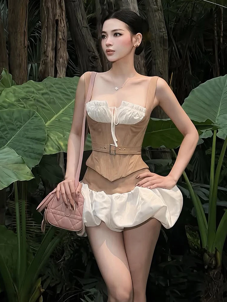 Weird Puss Patchwork 2-Piece Set Women Bandage Low-Neck Fake Fish Bone Belt Decoration Vest+Puffy Hem Skirt Fashion Sweet Suit