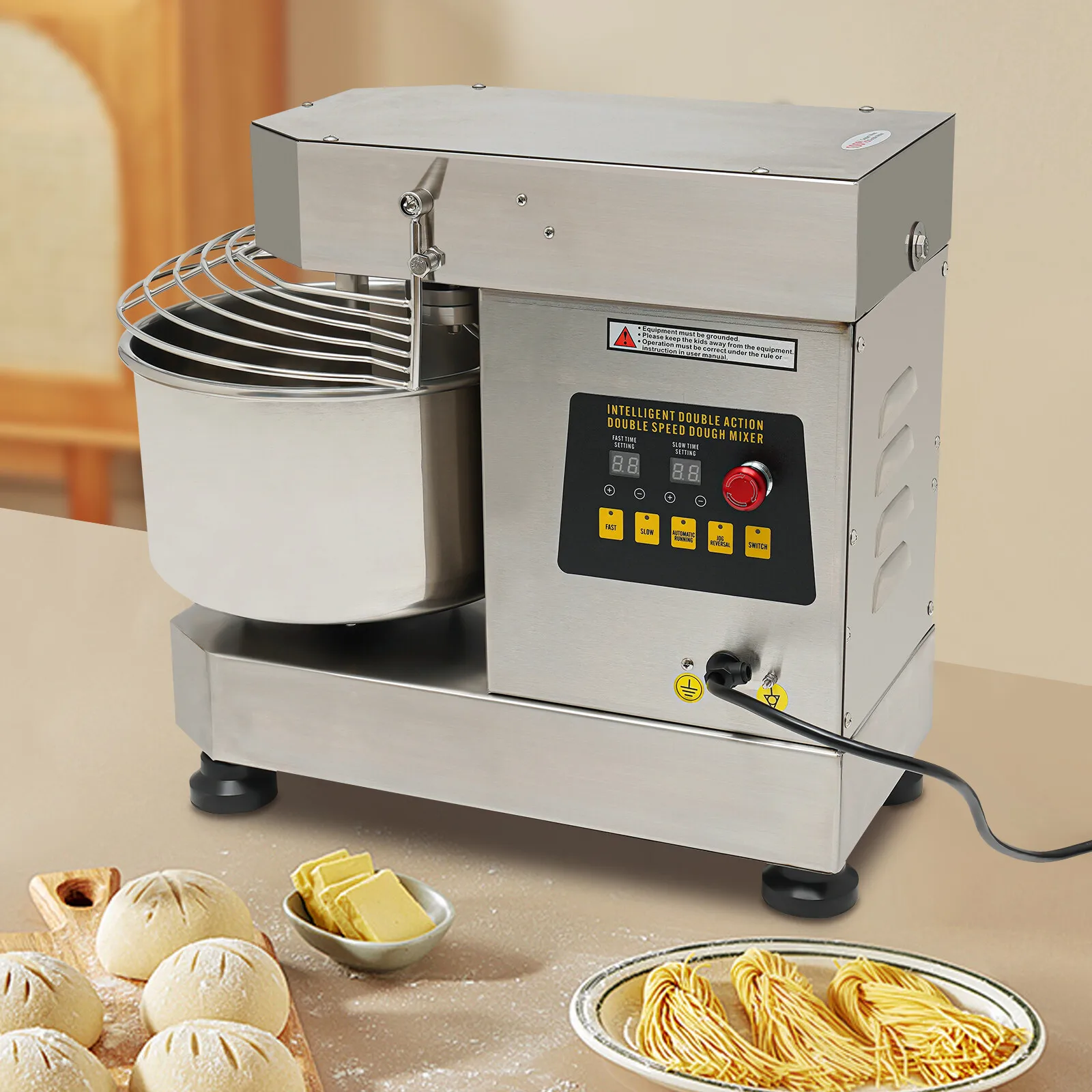 

High Efficiency 750W Commercial Dough Mixer 360° Mixing Machine with Spiral Stirring Rod 2.6 Gal Capacity Stainless Steel