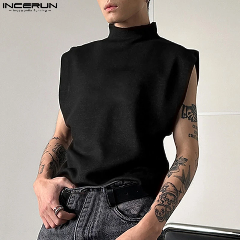 INCERUN Men Tank Tops 2023 Turtleneck Sleeveless Loose Fashion Men Clothing Streetwear Solid Korean Style Casual Vests S-5XL