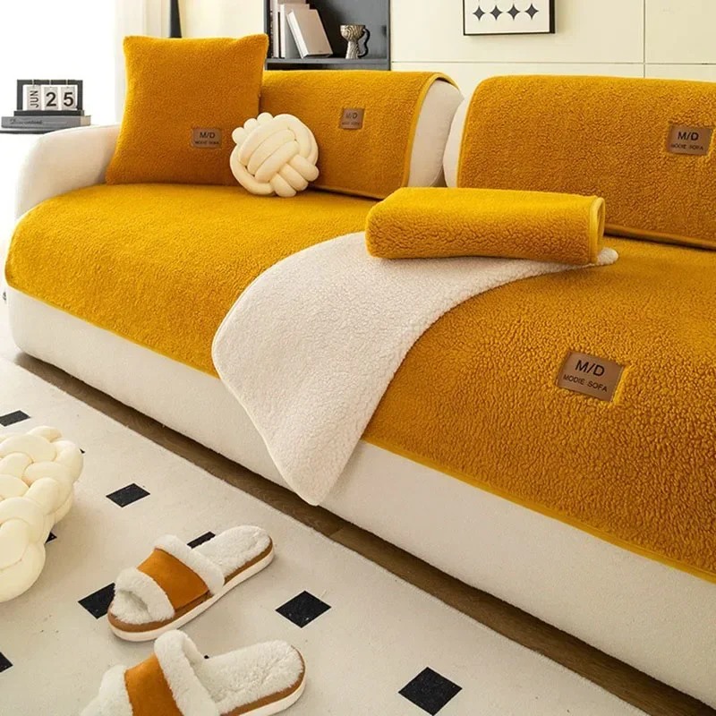 Lamb Sofa Plush Cushion for Autumn and Thick Winter Warm Cushion Solid for Room Living Anti Slip Furniture Protection Slipcover