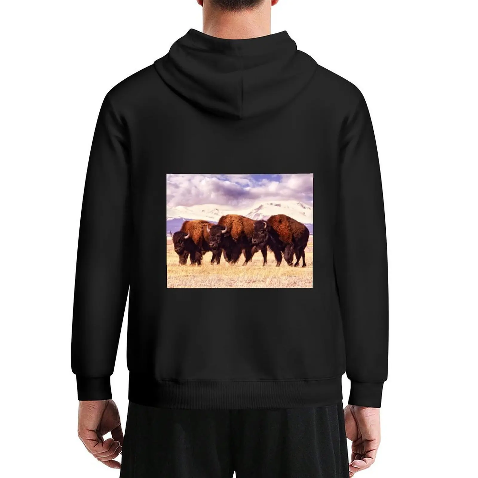 

Three Bison are Grazing in a Field in Colorado, Surrounded by Mountains Covered in Snow Hoodie anime clothing man hoodie