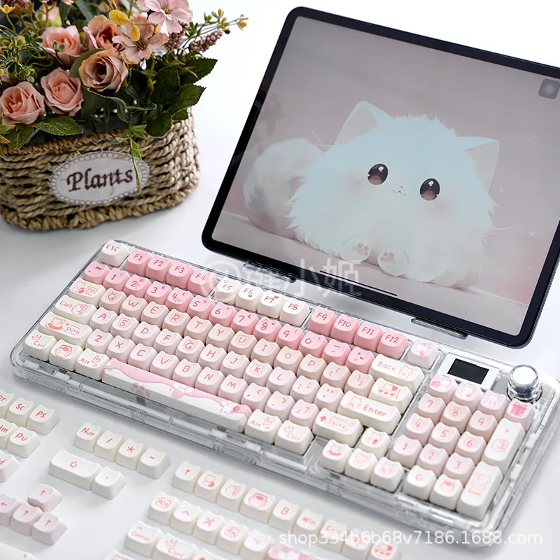 Pink Kitten Theme Keycaps Set Customized PBT Sublimation MOA Profile Keyboard Cap 134keys for Mechanical Keyboard Accessories
