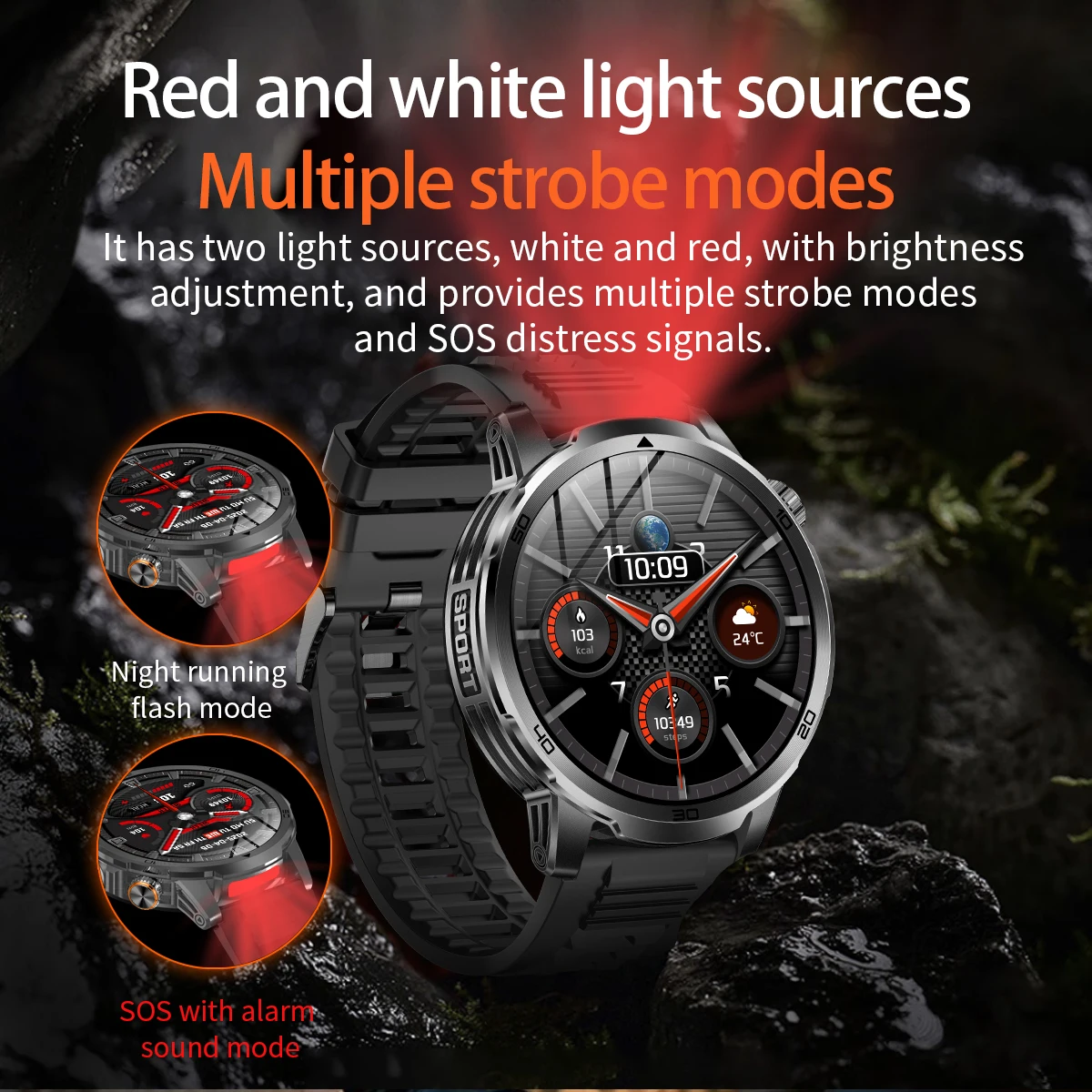 นาฬิกาสมาร์ทวอทช์ทหารสำหรับผู้ชาย พร้อมไฟฉุกเฉิน SOS + ไฟฉาย LED แบตเตอรี่ 1000 mAh ระบบติดตาม GPS กันน้ำระดับ IP68 สแตนด์บายได้นาน 100 วัน