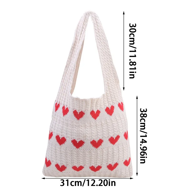 Heart Knitted Women\'s Bag Knit Eco Bag Korean Foldable Shopper Y2K Crochet Rope Shoulder Bag Sweet Knitting Handbag Ins Tote Bag