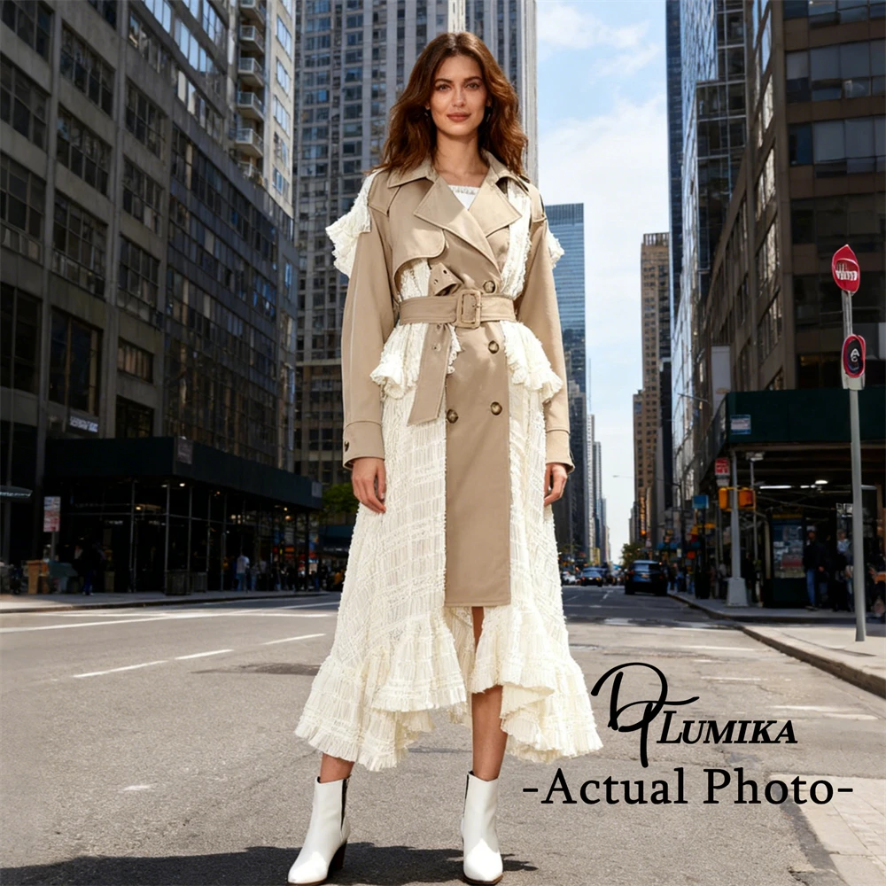 

DTLumika Khaki Lace Patchwork Long Coat for Women 2025 Autumn New Belt Jacket High End Outfit Designer Coats