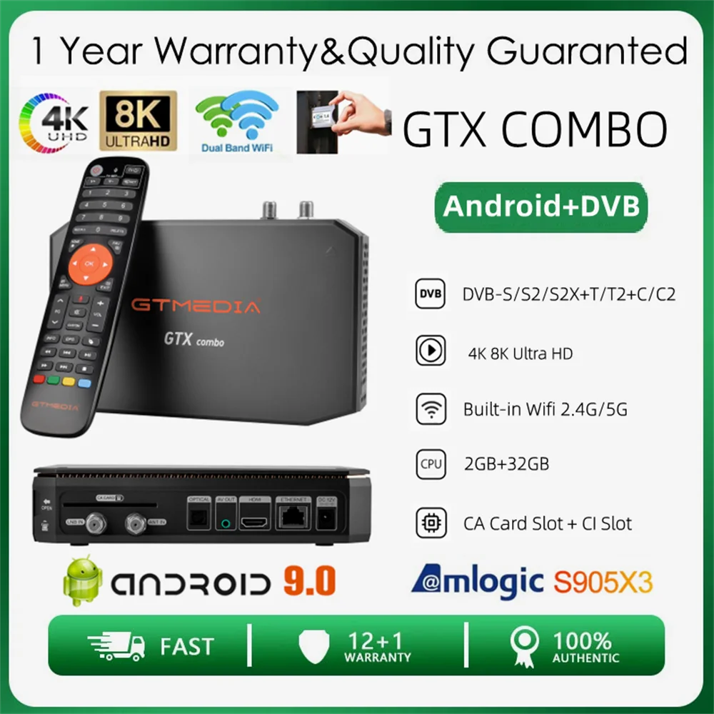 

GTMEDIA GTX Combo Smart TV Box Android 9.0+DVB-S/S2/S2X,DVB-T/T2/C/C2,ATSC-T1.0/C,Support CA&CI Plus1.4, SATA-HDD, BT4.1 Decoder