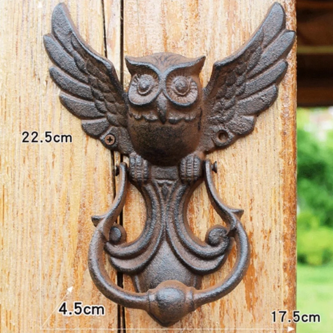 Retro Distressed Cast Iron Rusty-Colored Owl-Style Villa Garden Solid Wooden Big Gate Door Knocker Door Drop Ring Pull Handle