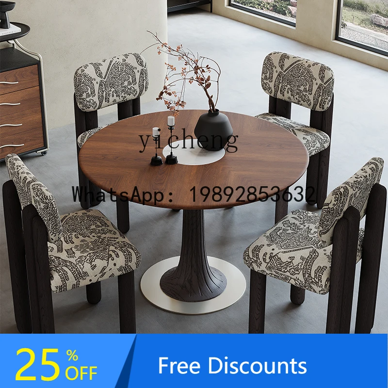 simple black walnut retro solid wood round restaurant dining table and chair combination