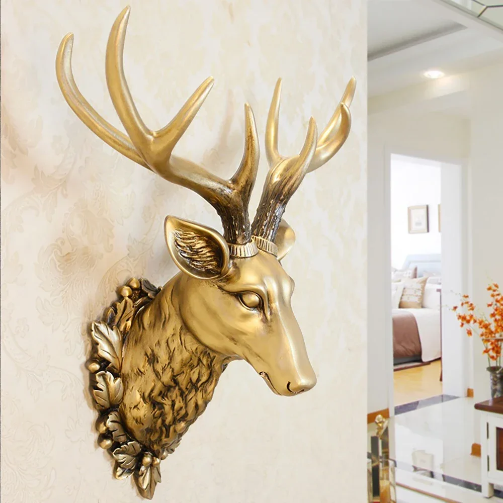 Large Size Deer Head Home Wall Mounted Christmas Decoration Retro Deer Antler Statue Living Room Entrance Elk Head Wall Decor