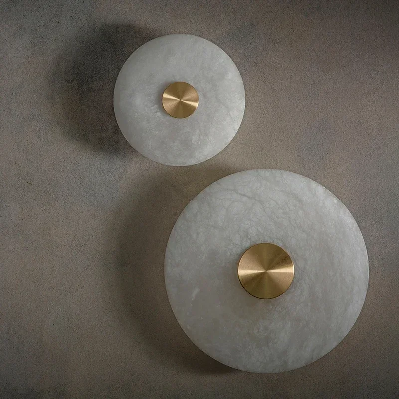 Spanish Natural Marble LED Wall Lamp Brass Round Sconce Bedroom Living Room TV Background Aisle Bedside Art Decor Lighting