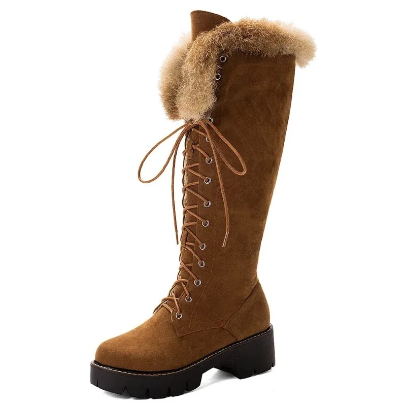 

Lace-up Winter Shoes Women Snow Boots Real Fur Boots Women Knee High Suede Thick Heel Warm Outdoor with Zip Big Size 43