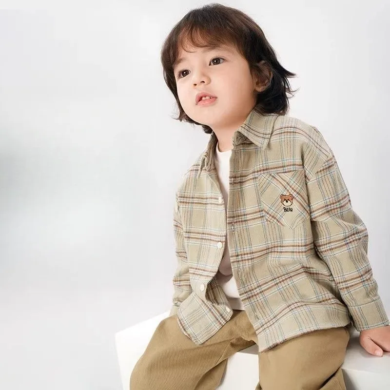 2025 Spring New Boy's Checkered Cotton Shirt Soft Comfortable Long Sleeve Cartoon Print Casual Jacket Kids' Apparel