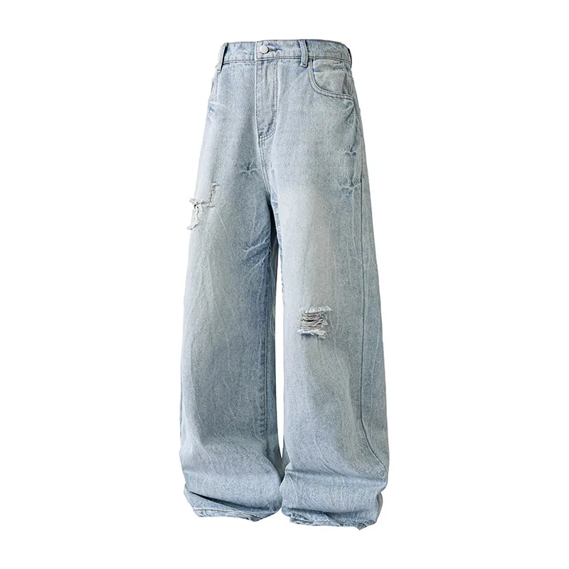 

American Style Distressed Washed Jeans Men High Waist Loose Straight Denim Pants Vintage Hole Design Unisex Classic Trendy Jean