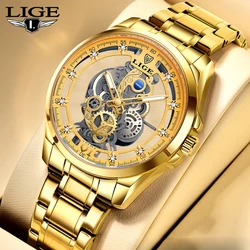 2024 LIGE Men Watch Skeleton Automatic Quartz Watch Gold Skeleton Vintage Man Watch Mens Watches Top Brand Luxury часы мужские