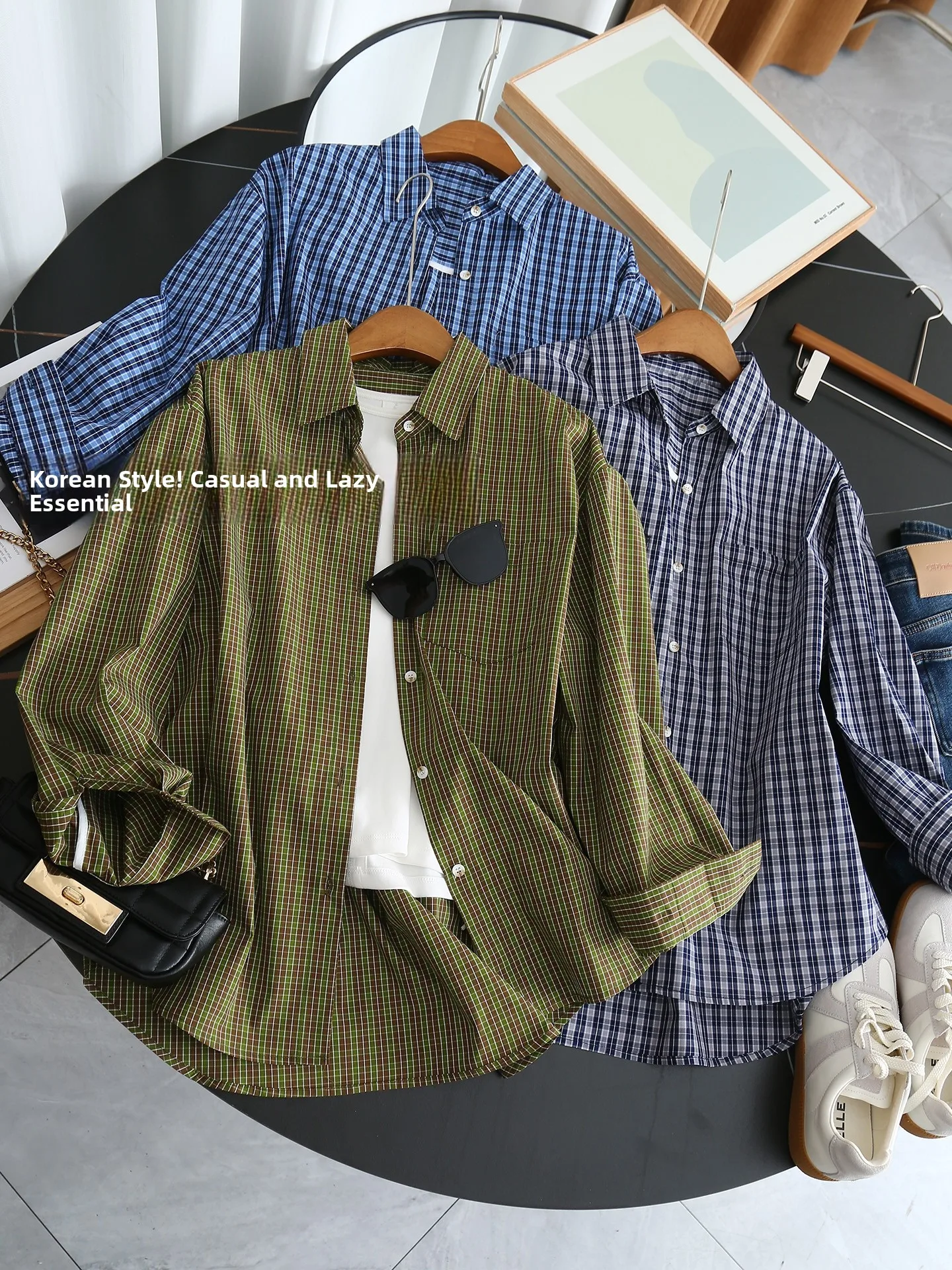 

Korean Sle Long Sve Plaid irt Jaet Women's Casual Lazy Sle Versatile Loose Top Spring New Arrival Breathable Cotton