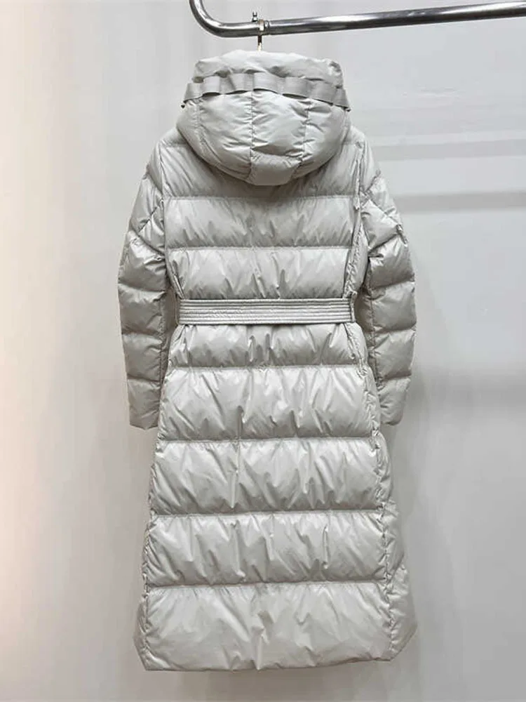 Casaco longo com capuz de pato para mulheres, casaco puffer feminino, outerwear feminino com cinto, grosso, 90% branco, qualidade superior, inverno, 2024