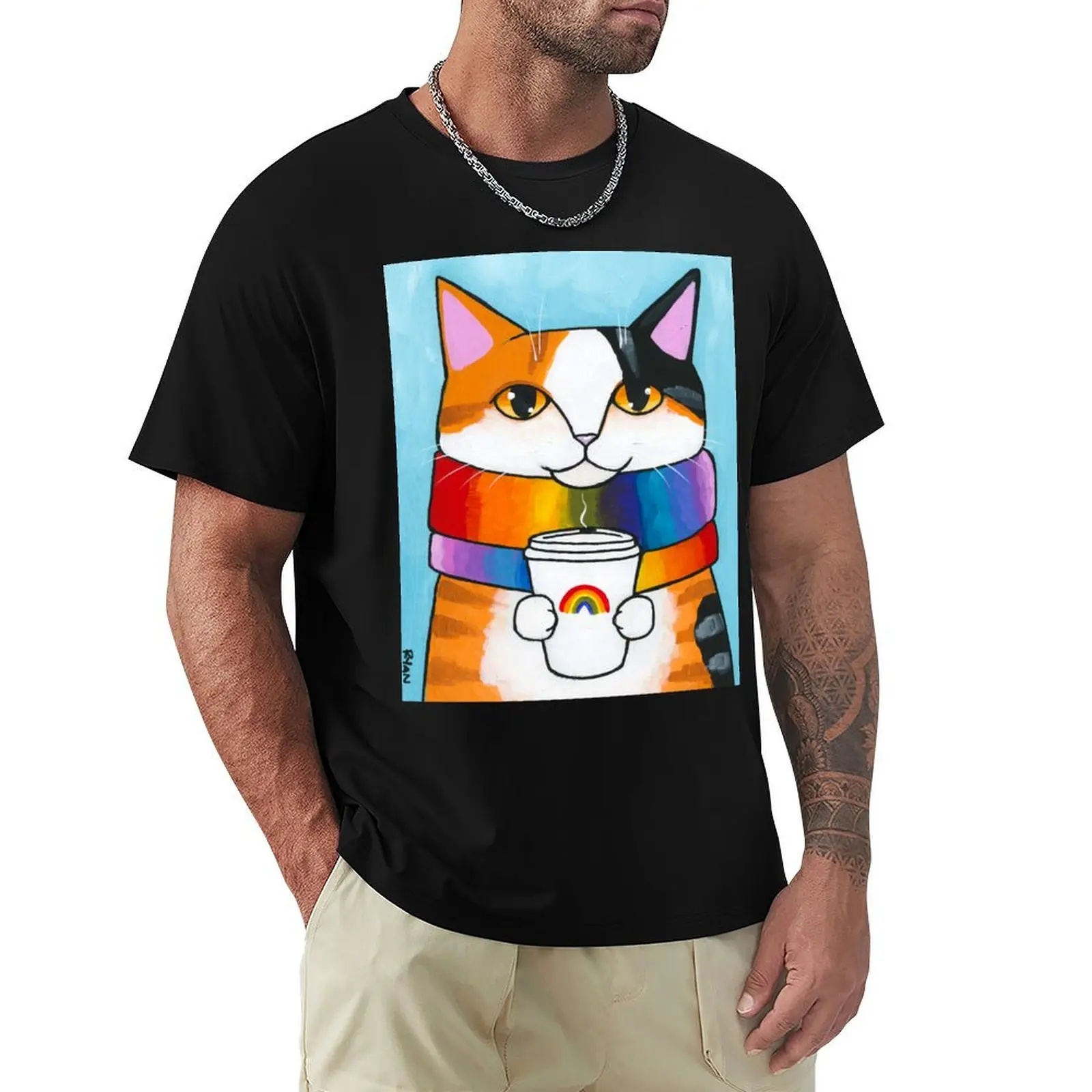 

Rainbow Coffee Cat T-Shirt oversized funny meme t-shirts funny gifts customs plus size men clothing