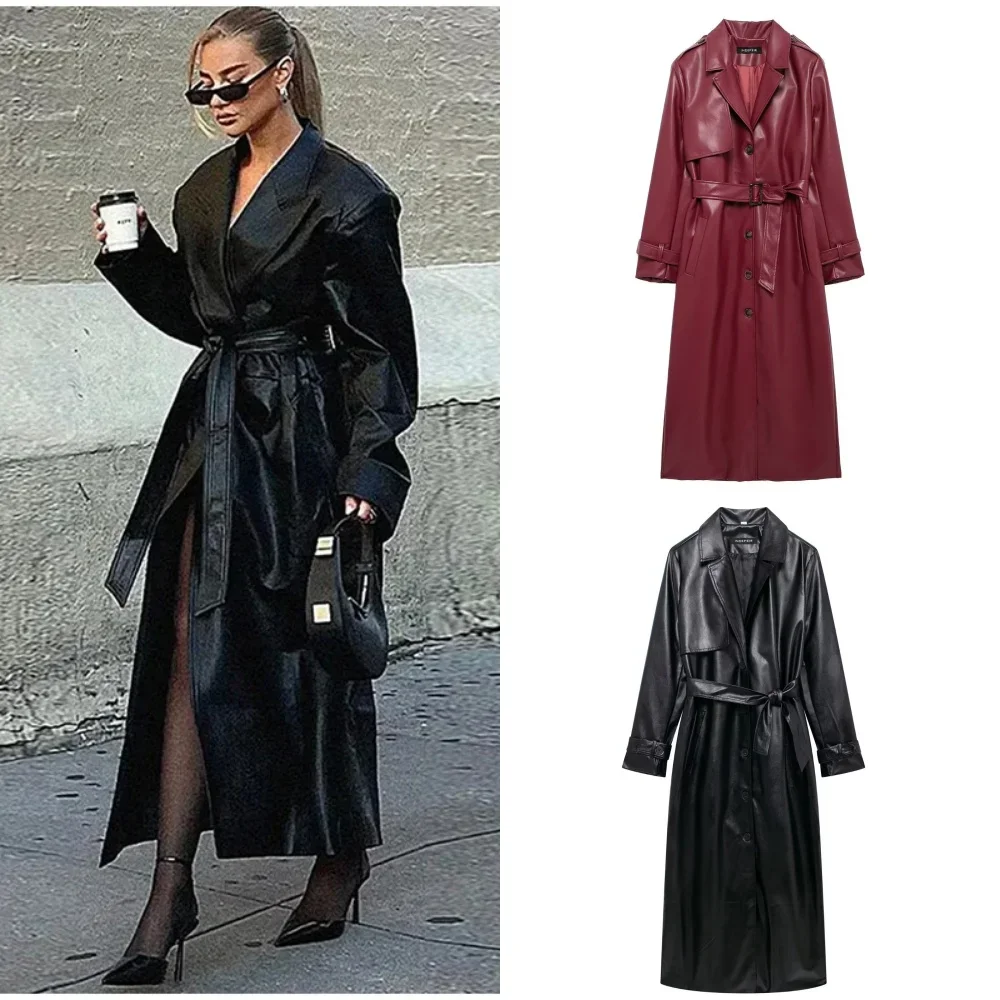 

2024 Women New Fashion with Belt Long Style Single Breasted Faux Leather Coat Vintage Long Sleeve Pockets Female Outerwears