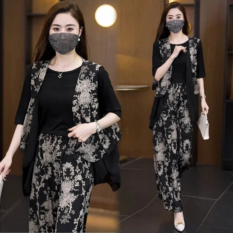 Spring Summer Women Sets New Large Size 5XL Fashion Printed Vest And Wide Leg Pants Three Piece Suit Ladies Casual Outfits 3PCS