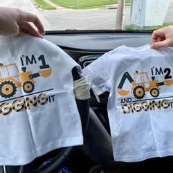 Construction Excavator digging theme boy 1st 2nd first second one two years old birthday party decoration shirt gift Photo props