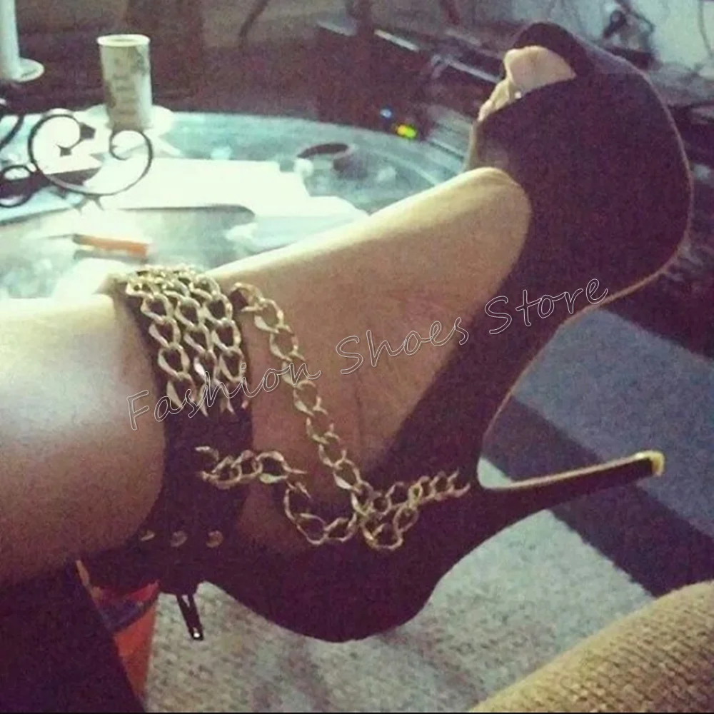 

Black Peep Toe Chain Decor Platform Sandals Back Zipper Thin High Heels High Heel Shoes for Women Heels 2024 New Zapatos Para Mu