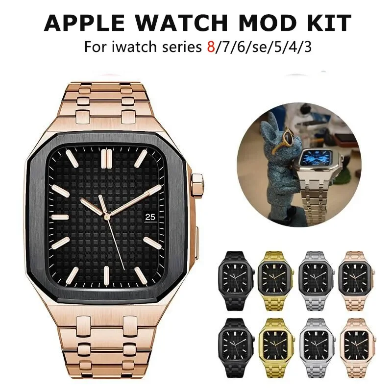 Luxury Metal Modification Kit for Apple Watch 8 7 45mm 44mm Stainless Steel Strap for Iwatch Series 6 5 4 3 SE Bezel Frame Band