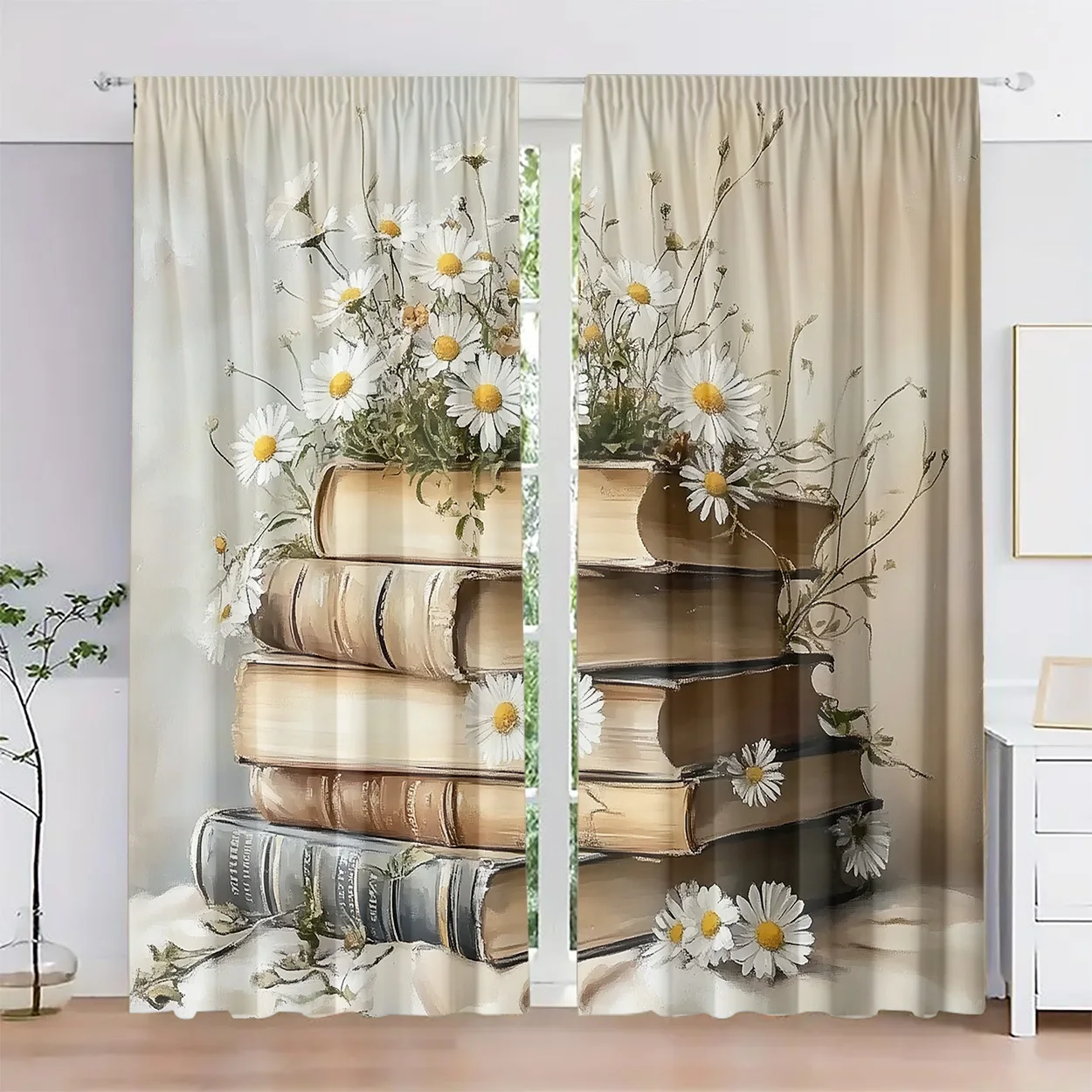 Floral and Book Print Sheer Curtains – With Rod Pocket Design for Easy Hanging, Perfect for Bedroom Living Room and Office Decor