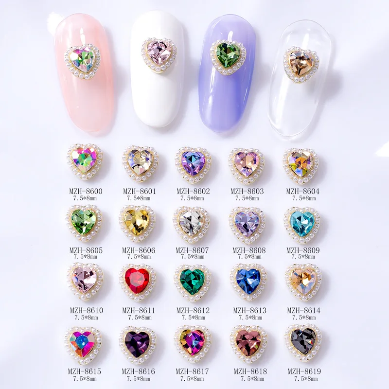 Dijes de diseño de perlas para uñas, 10 piezas, joyería de 7,5x8mm, diseño de uñas de corazón, diamantes de imitación para suministros de manicura, decoración de uñas