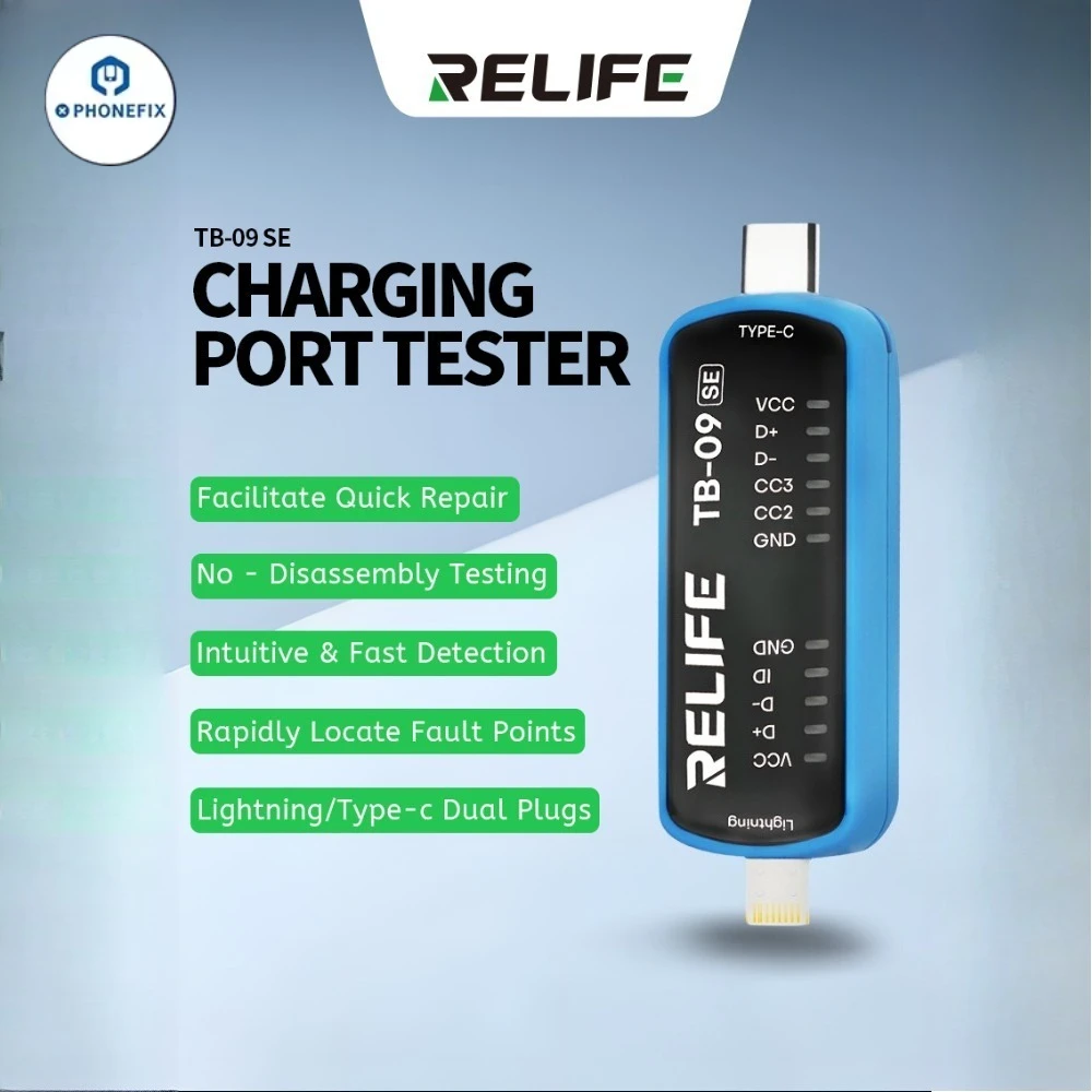 RELIFE TB-09 SE Charging Port Tester Rapid Testing Fault Detection Lightning/Type-c Dual Plugs for Mobile Motherboard PCB Repair
