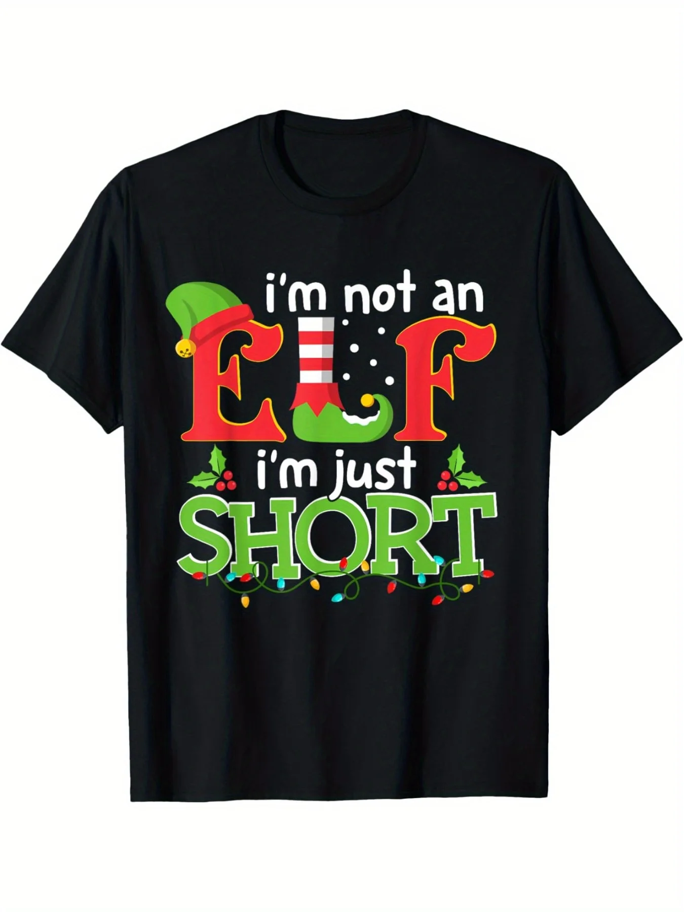 [Fast Arrival] I'm Not An Elf I'm Just Short Merry Christmas Elf Xmas Funny T-Shirt for Men Women, Christmas Halloween Thanksgiving day New Year Gift for Men Women Dad Mom Friends, Unisex Black Soft Fabric Tee,