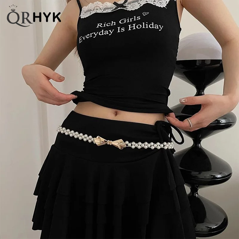 

Fashion Imitation Pearl Waist Chain Elastic Bow Waistband For Women Beaded Elastic Belt Jeans Skirts Decoration Accessories