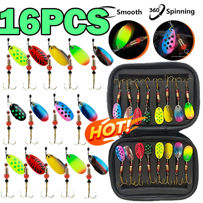 16/10 Uds. Señuelos de Metal giratorios de pesca con cajas de aparejos Crankbaits Wobblers cuchara de trucha de lentejuelas de Metal con anzuelos para pesca de carpa