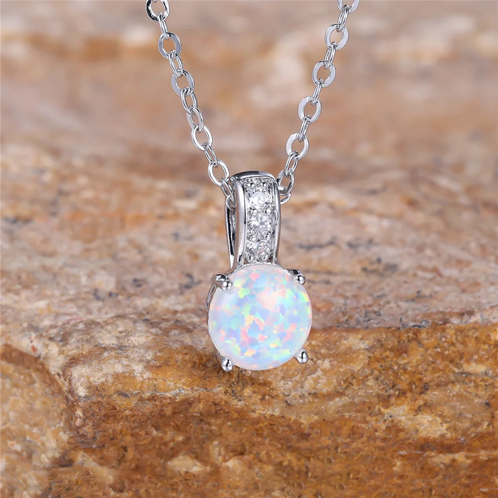 Female White Opal Stone Round Pendant Necklace Vintage Silver Color Wedding Jewelry For Women